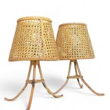 Mid-Century Bamboo and Cane Pair of Large Table Lamps By Louis Sognot, 1970s