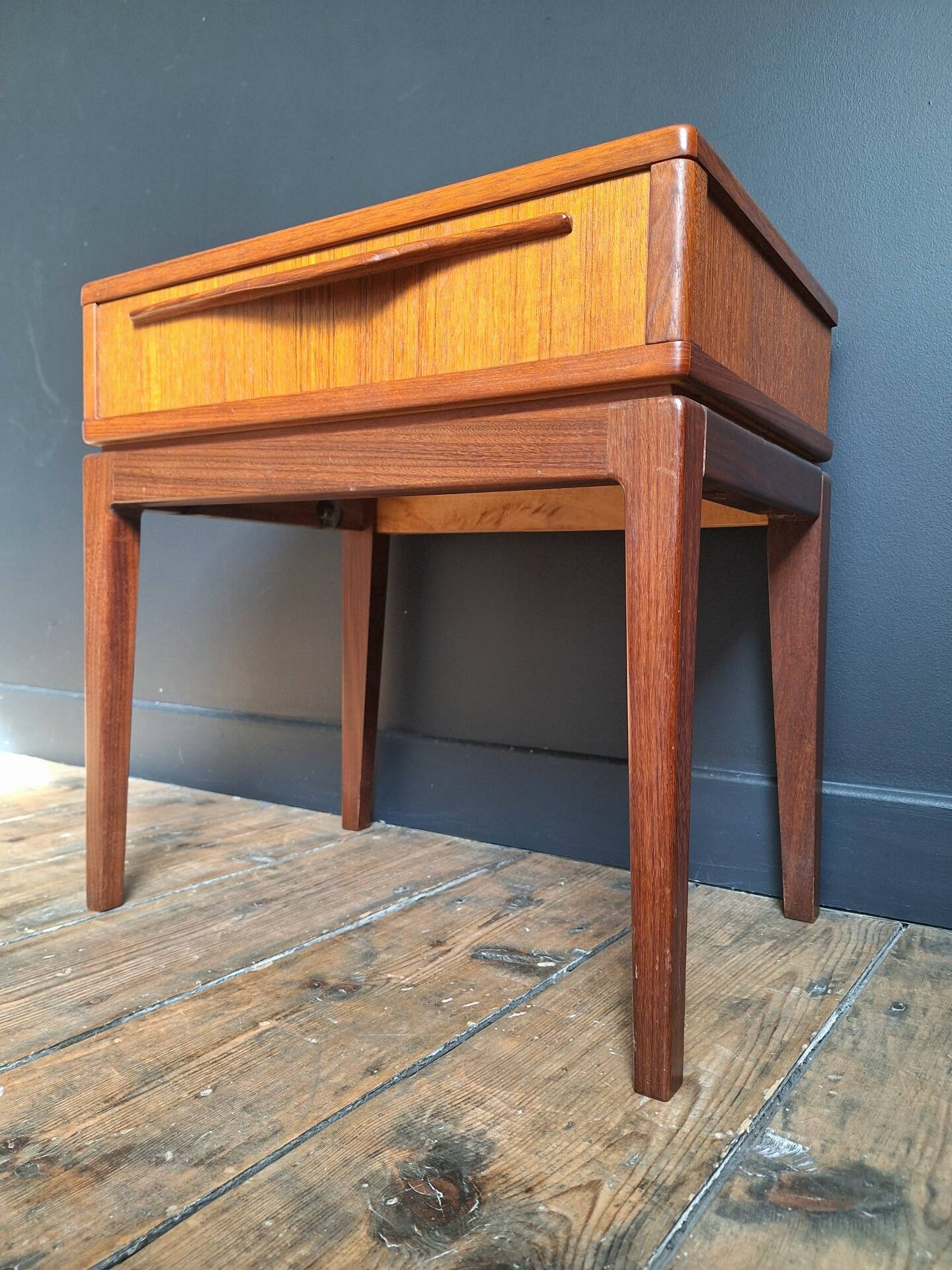 Vintage teak bedside table, Scandinavian design nightstand, accent furniture.