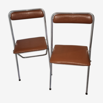 Set of 2 sodomexyl chrome folding chairs skaï
