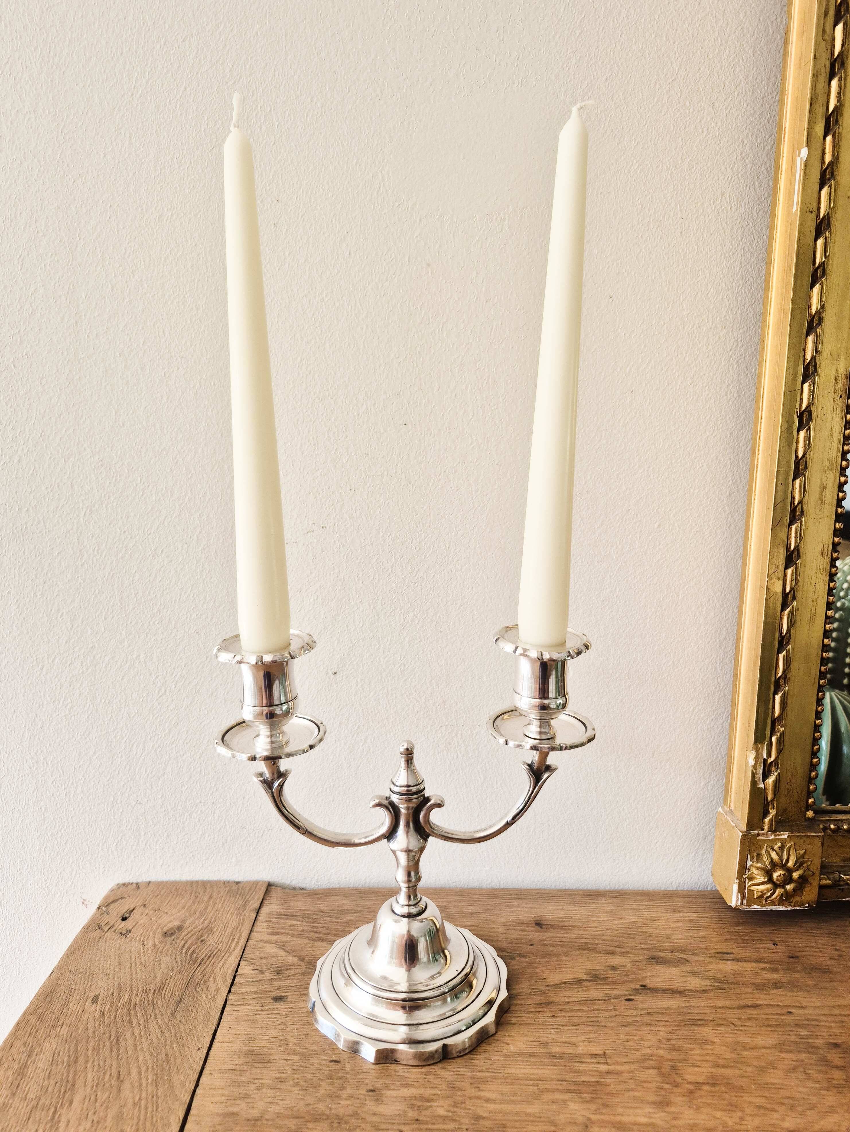 Pair of silver-plated metal candlesticks with 2 branches.