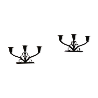 Early 20th century, pair of Danish Art Deco candlesticks in metal with three arms, 1930s.