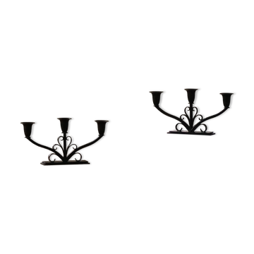 Early 20th century, pair of Danish Art Deco candlesticks in metal with three arms, 1930s.