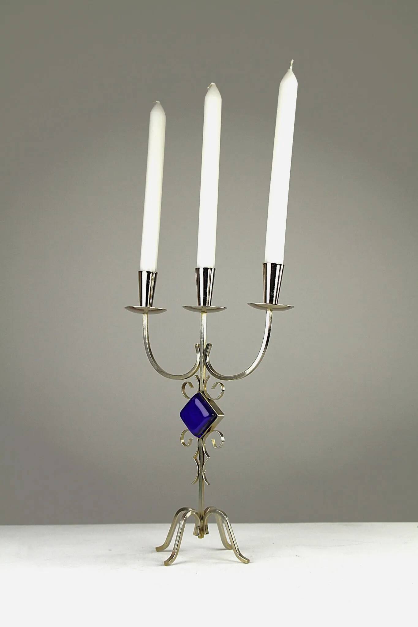 White Brass & Cobalt Blue Art Glass Candelabra by Gunnar Ander for Ystad-Metall — Sweden, 1960s