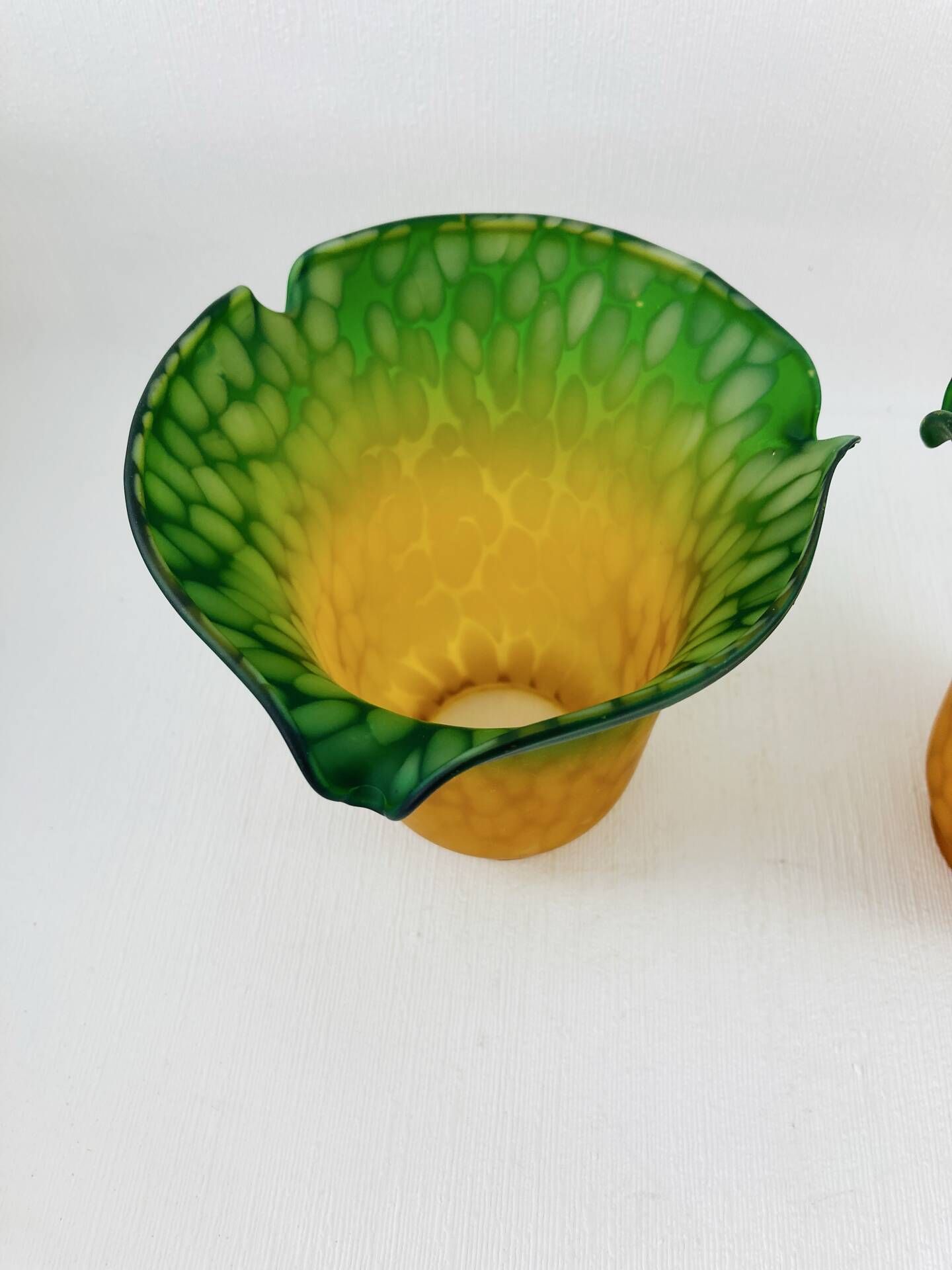Pair of Antique Art Nouveau Tulips - Speckled Amber Green Glass