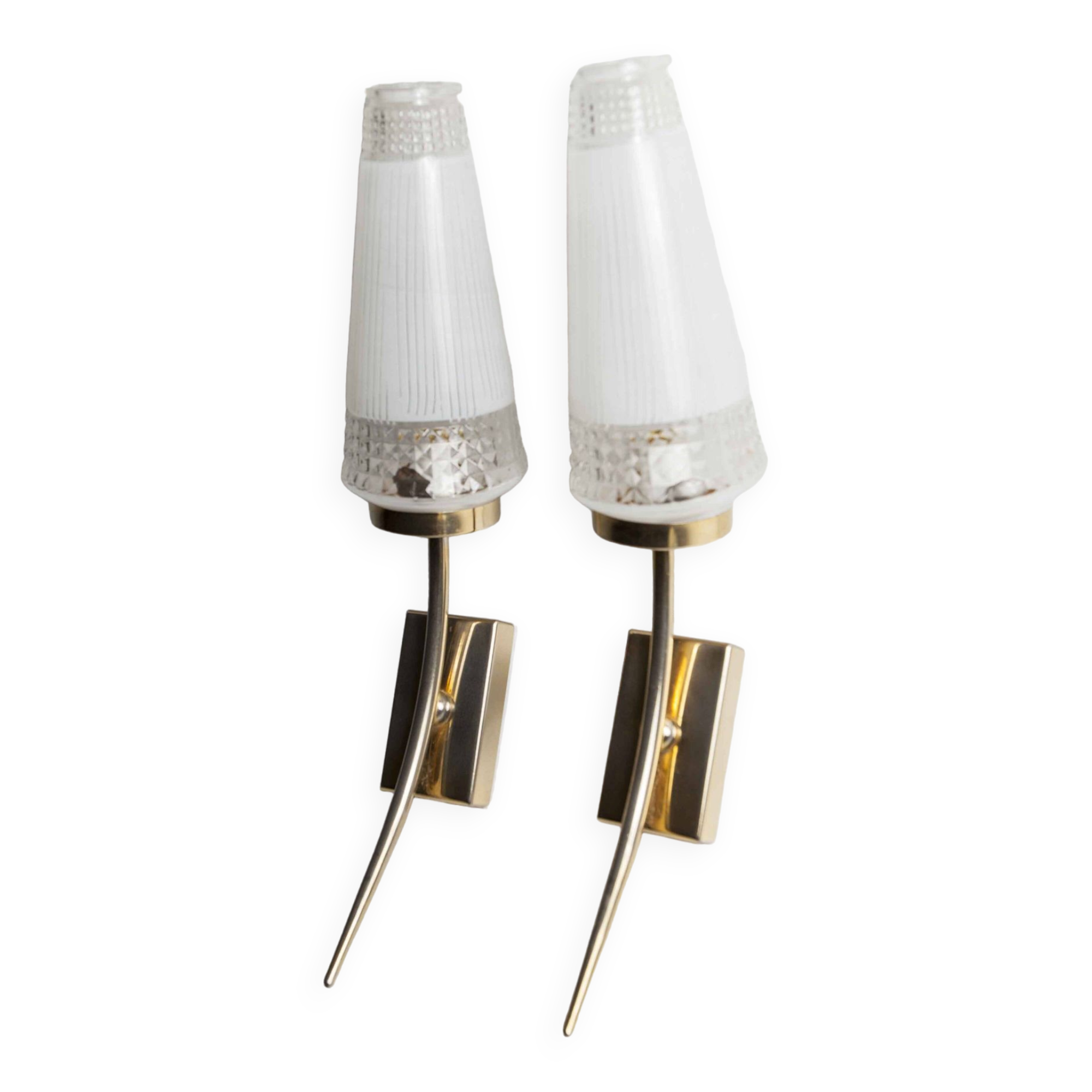 Pair of brass and white and transparent glass wall lights 1960