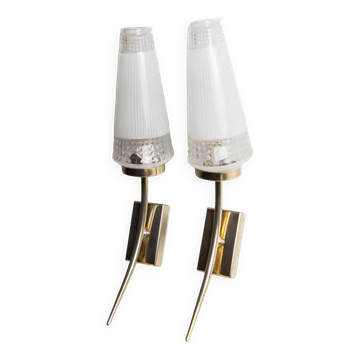 Pair of brass and white and transparent glass wall lights 1960