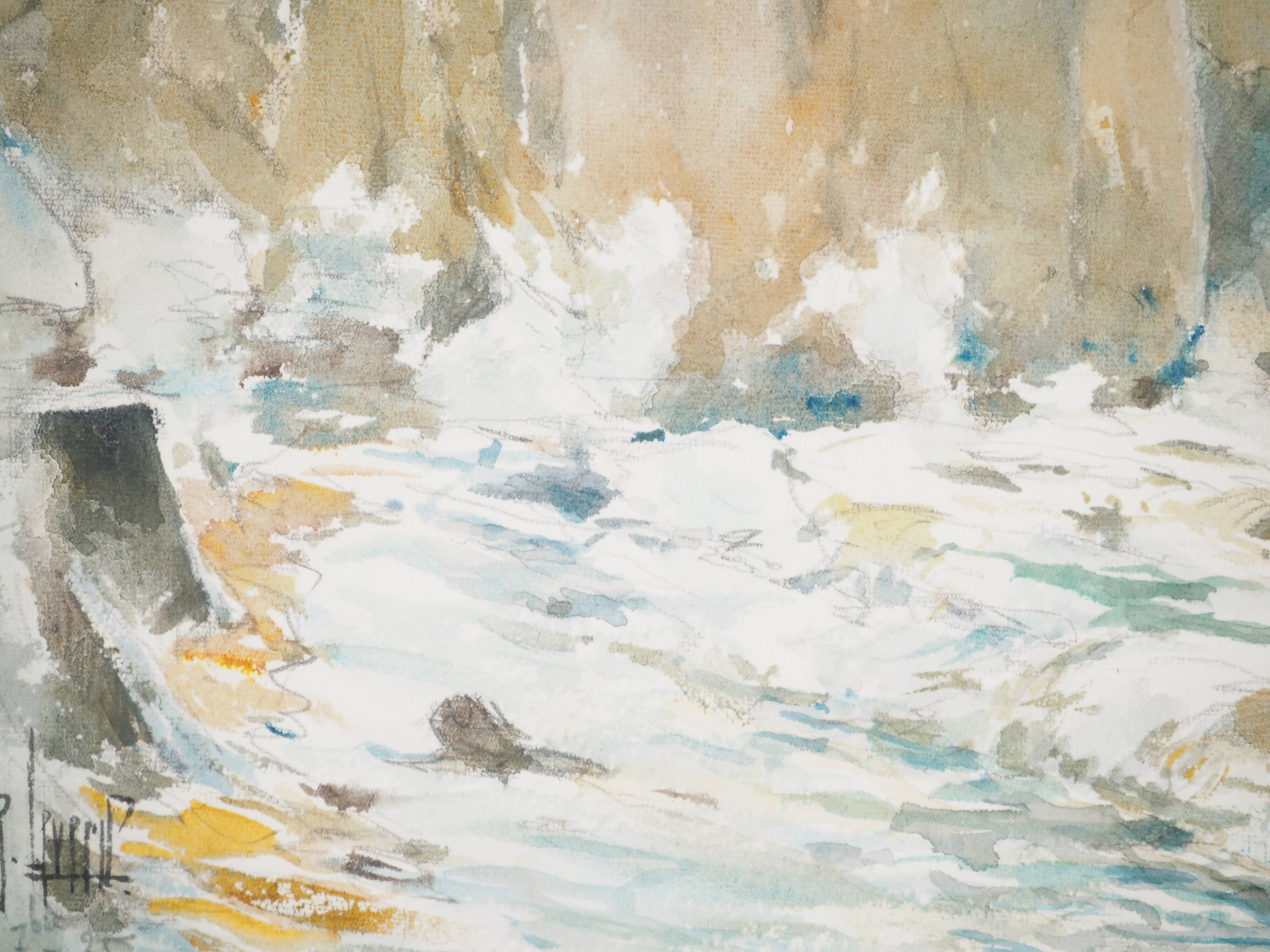 René leverd: waves against the cliffs, original signed watercolor