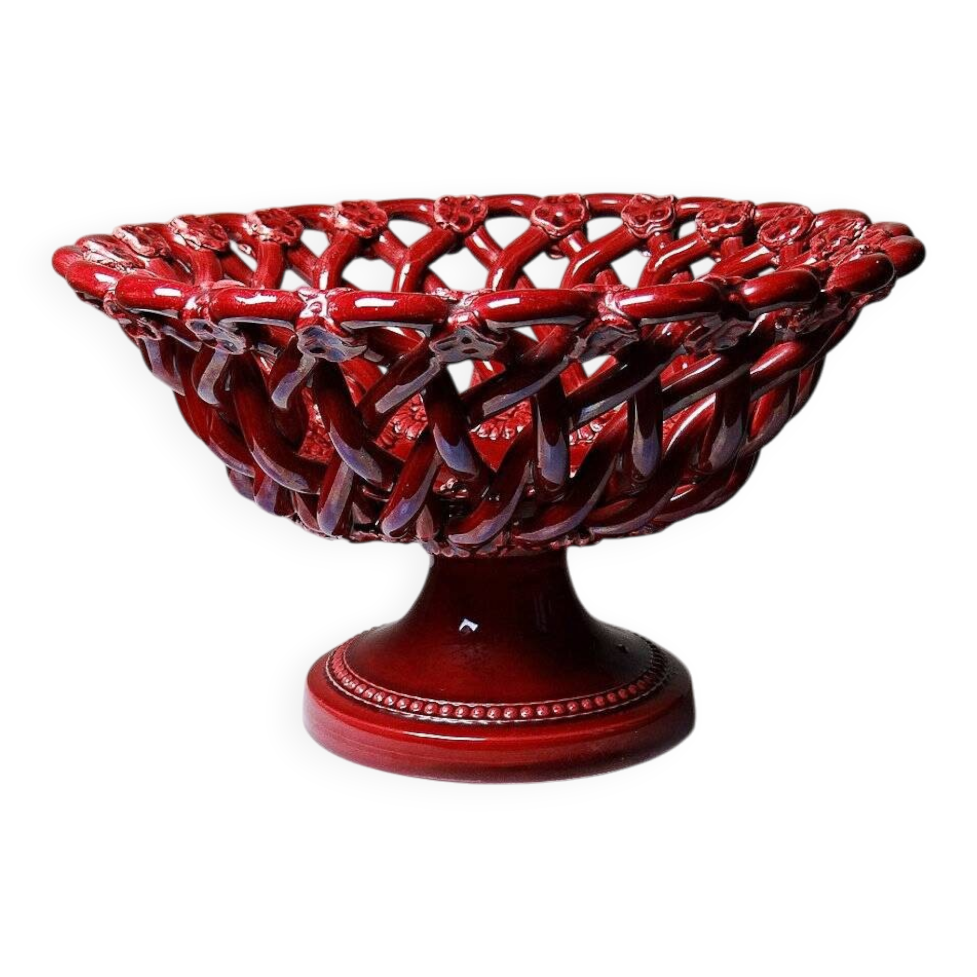 Small vintage 1970s-90s openwork braided red ceramic bowl by Pichon Uzès