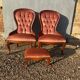 Paire de chauffeuses & pouf Louis-Philippe velours rose, XIXe