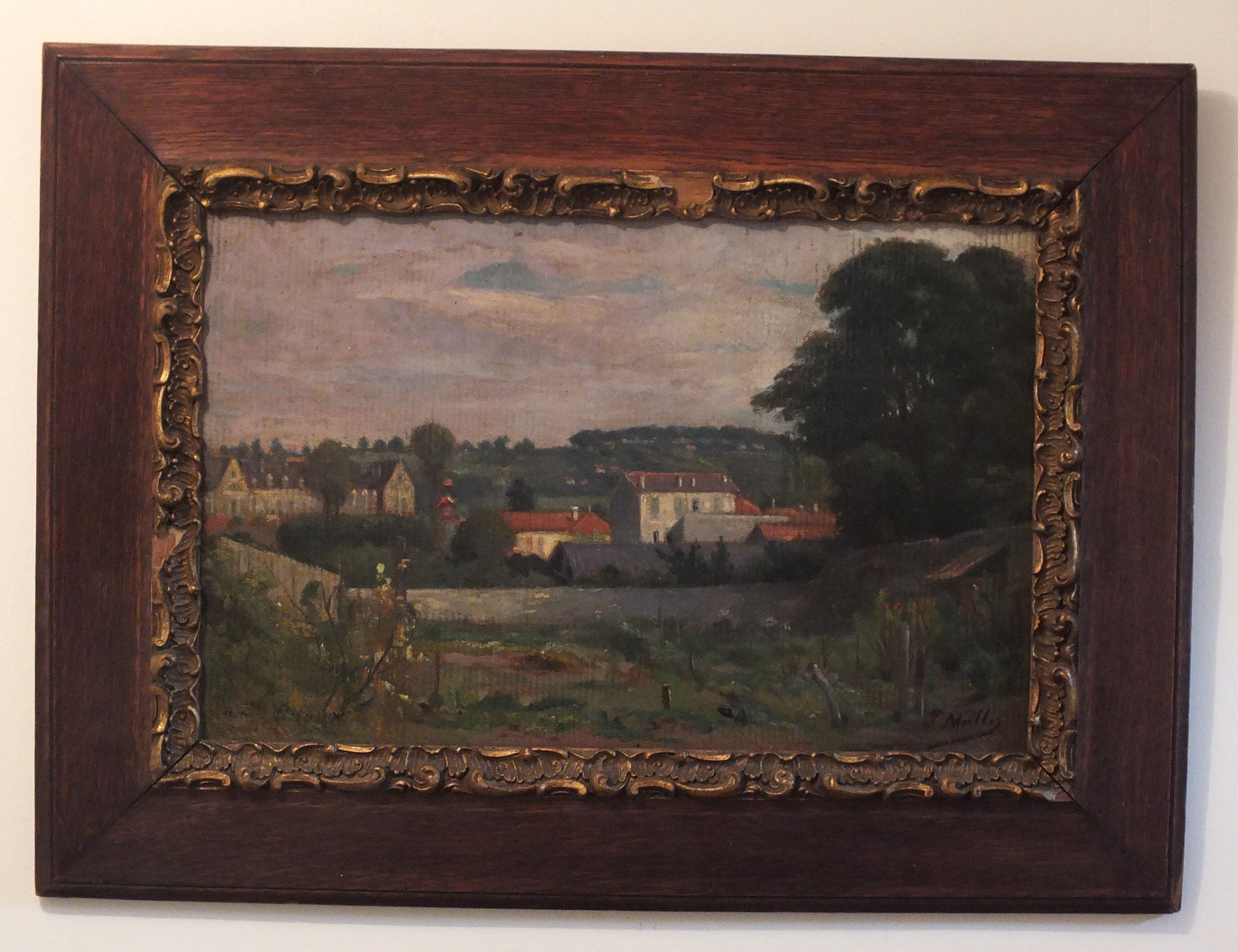 Oil painting on framed landscape panel signed J or F Muller