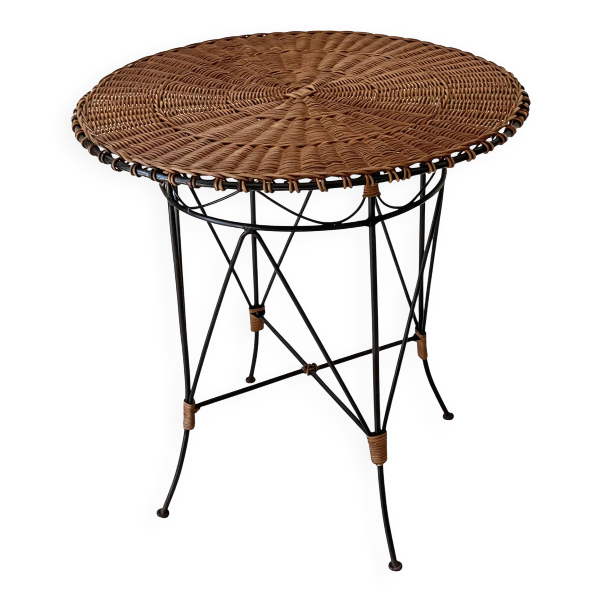 Vintage round table in woven rattan and black wrought iron – 1950s / 1960s