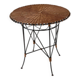 Vintage round table in woven rattan and black wrought iron – 1950s / 1960s