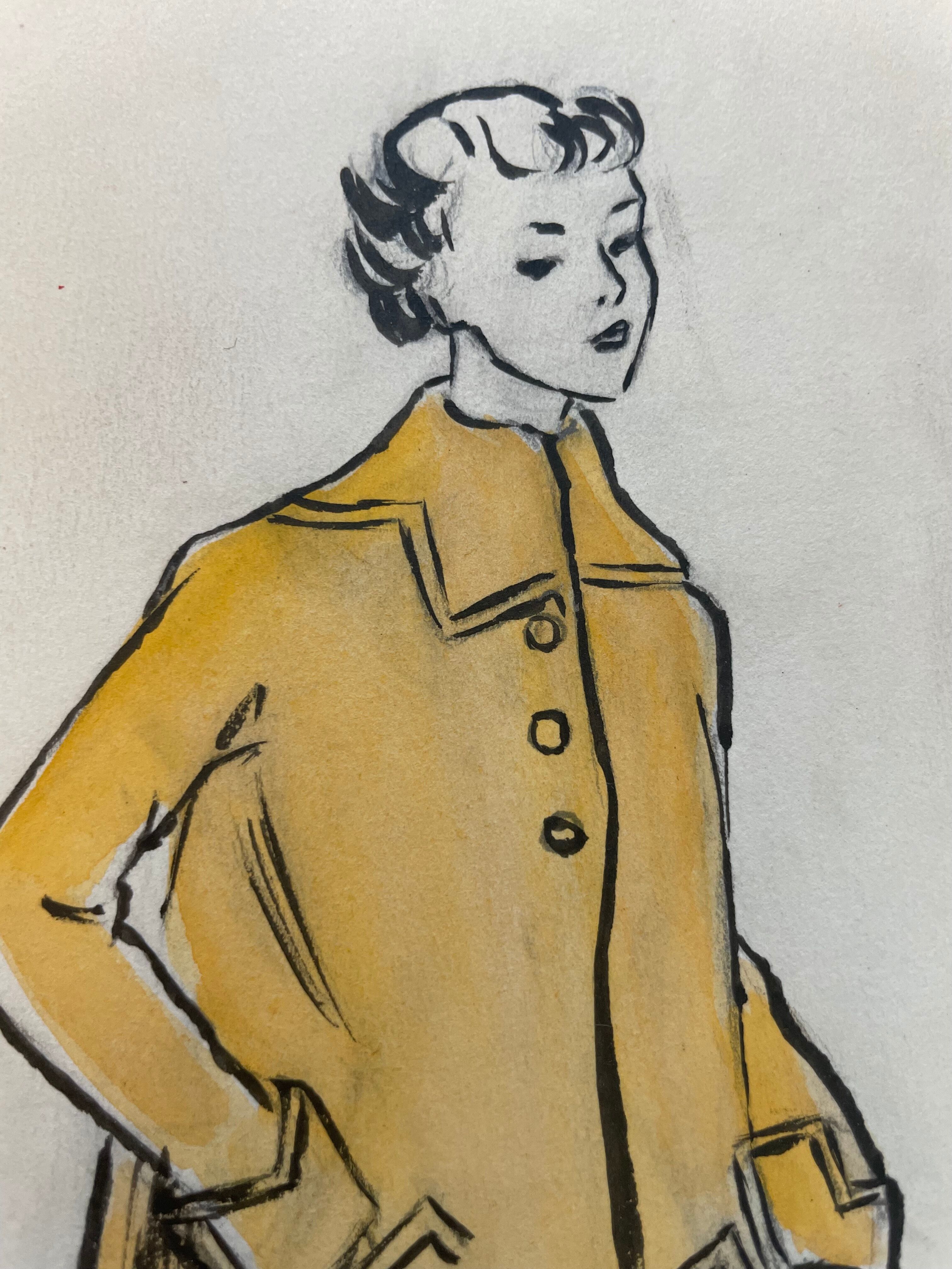 Painting painting fashion drawing woman with yellow coat years 30-50s