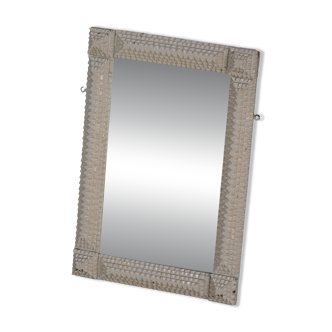 Wall mirror in tramp art style, hand-carved with a painted white frame, early 1900s.