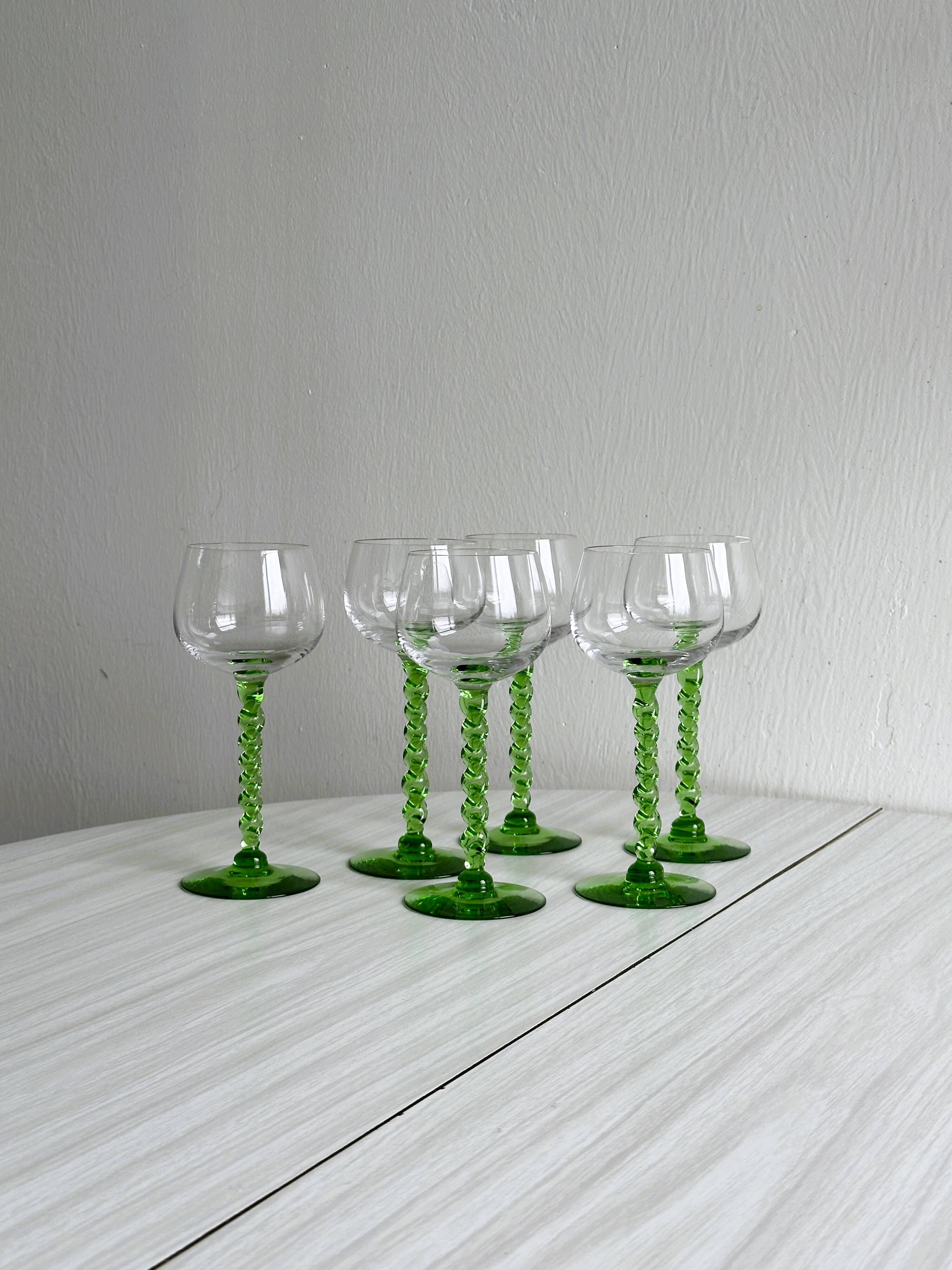 6 transparent green twisted stemmed glasses