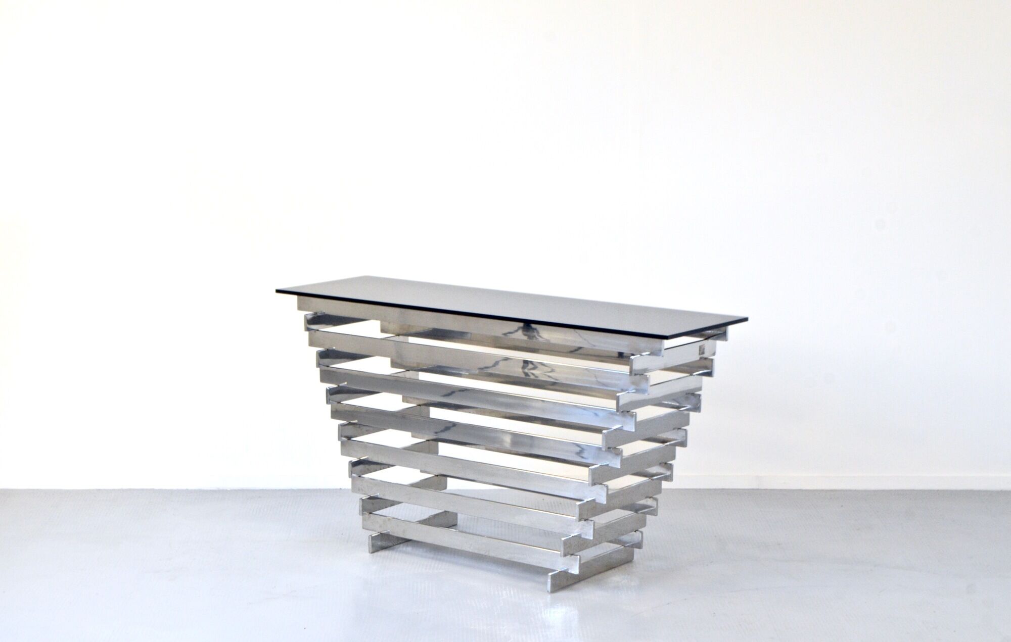 Italian stacked chrome and tinted glass console 1970