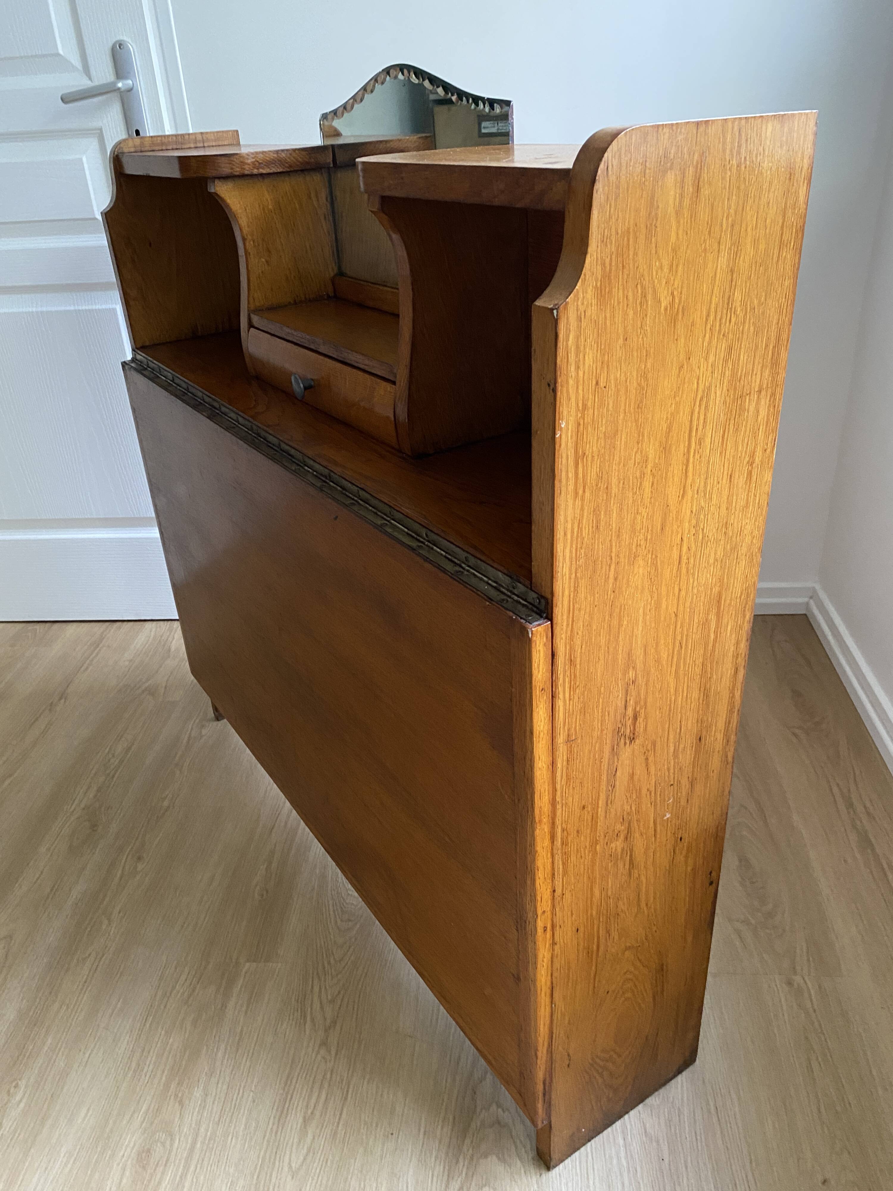 Wooden console table / vintage folding desk with mirror and small drawer