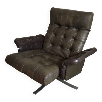 Lounge armchair 1970's swivel, leather and chrome, Denmark 1970's