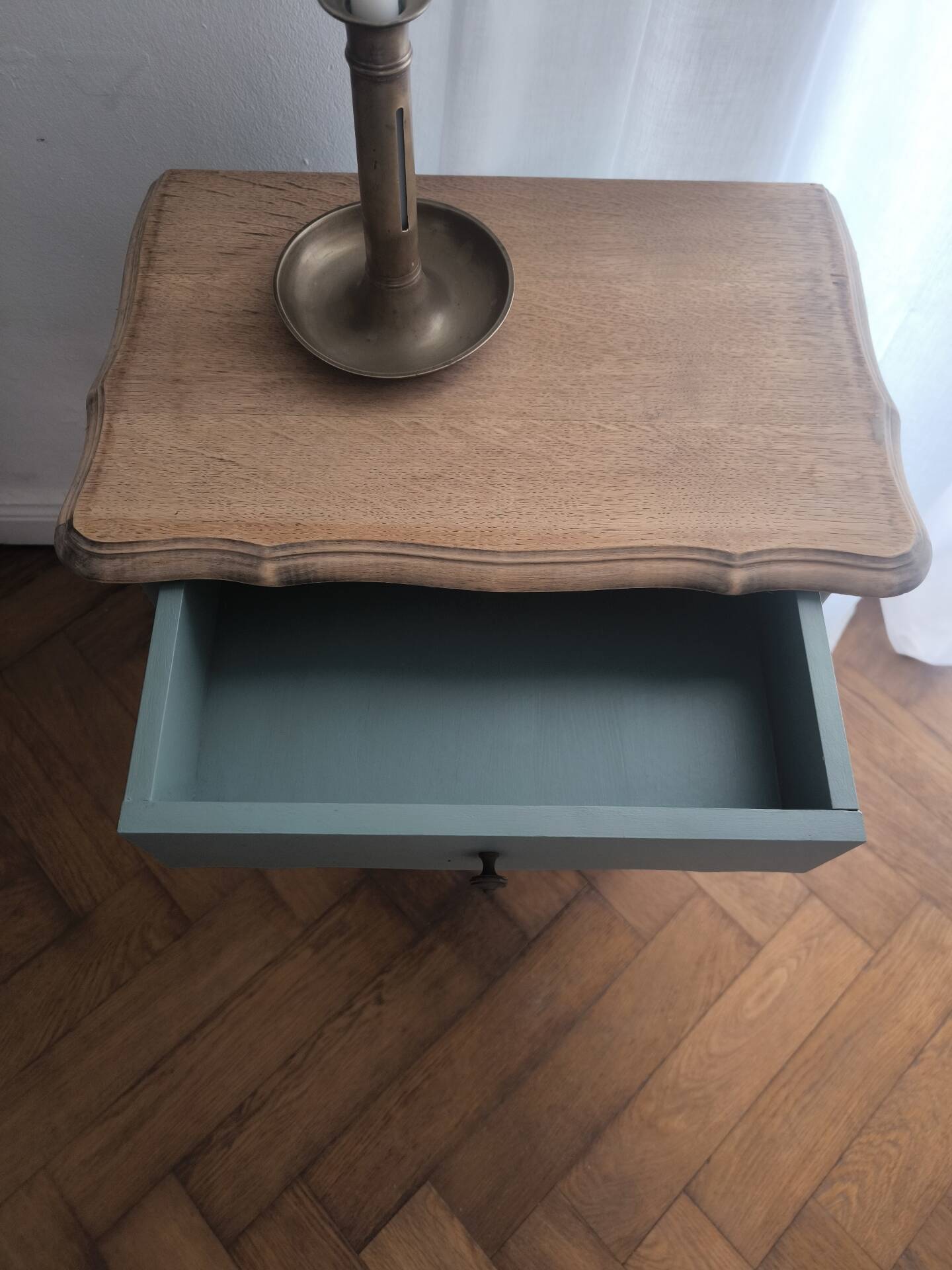 Louis XV bedside table revamped in solid oak and sage green/grey green.