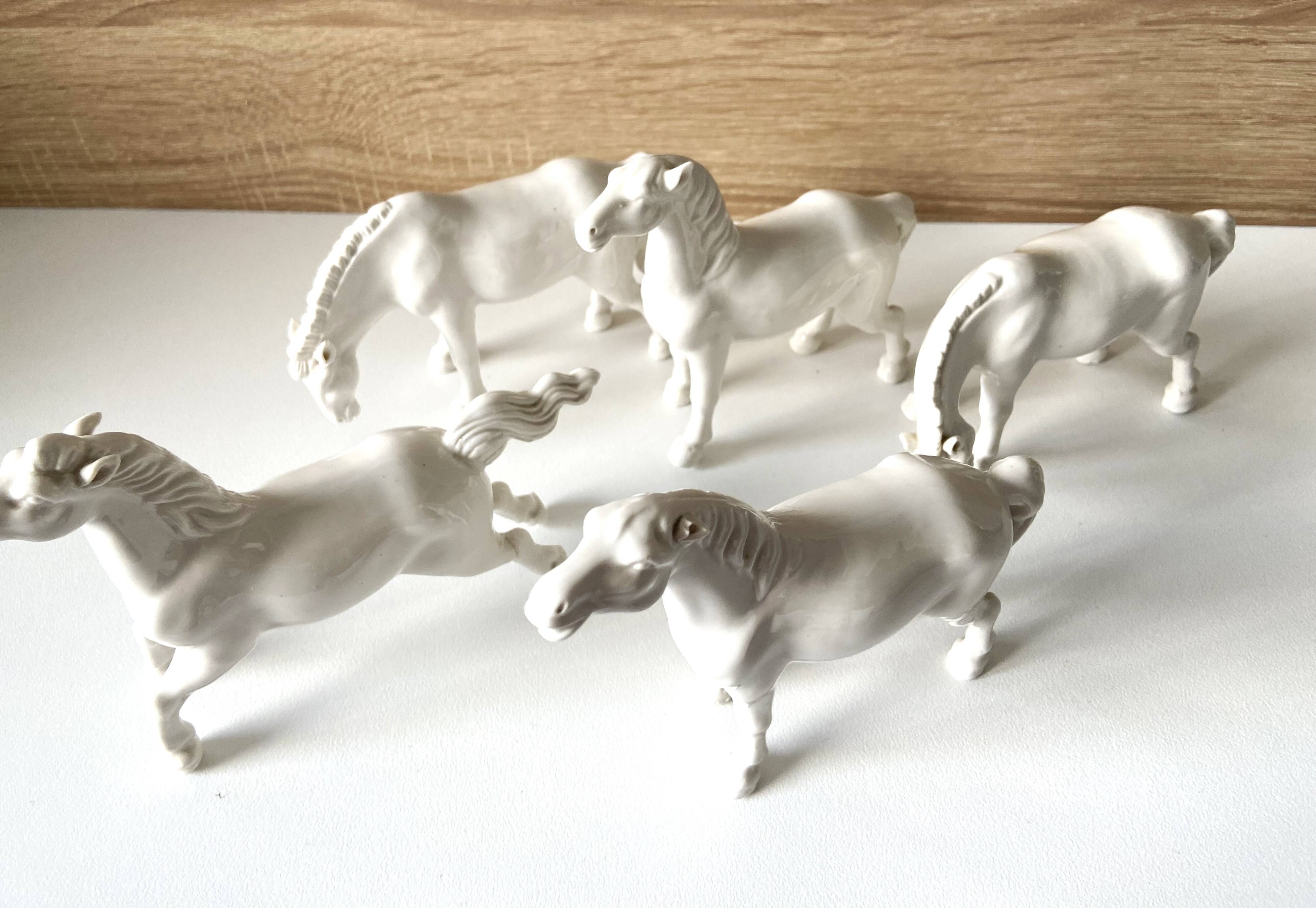 5 White Porcelain Glazed Horses of Happiness Figurines Statuettes