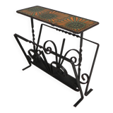 Vintage newspaper rack, magazine rack, table with 3 tiles