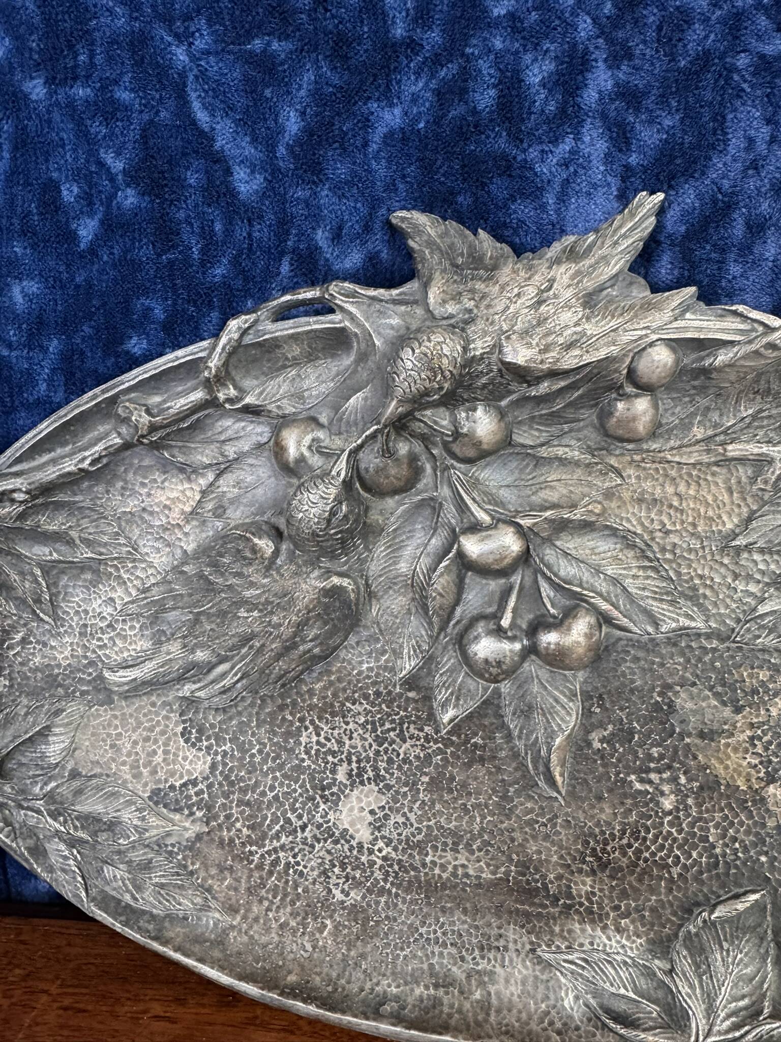 Large pocket tray with birds and cherries in silver-plated bronze