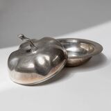Silver-plated pumpkin-shaped bowl with lift-off lid, 1940s vintage centerpiece in metal
