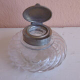 Old spiral glass inkwell with metal cabochon early XXth century