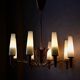 Scandinavian mid-century chandelier, teak, brass, opaline glass, 8 arms, 1950-1960.