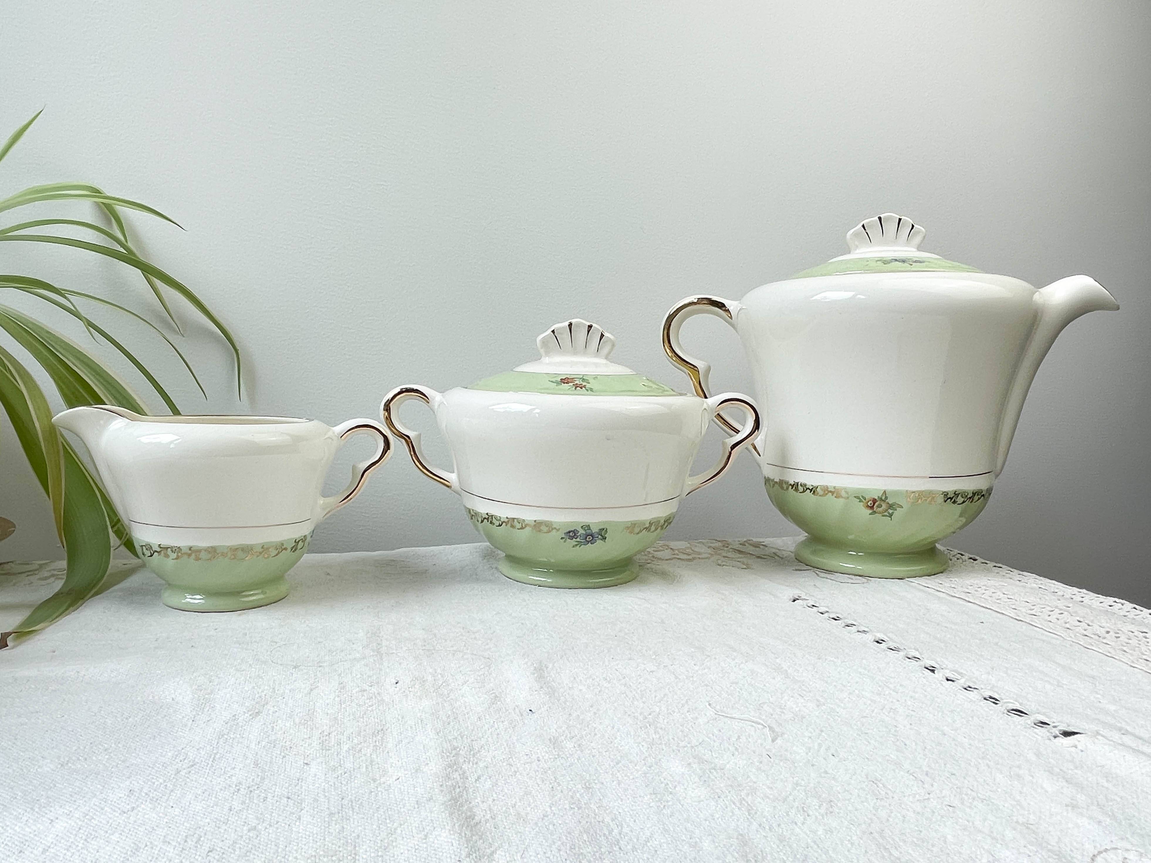 Vintage tea/coffee set in white, green and gold porcelain by SALINS, made in France