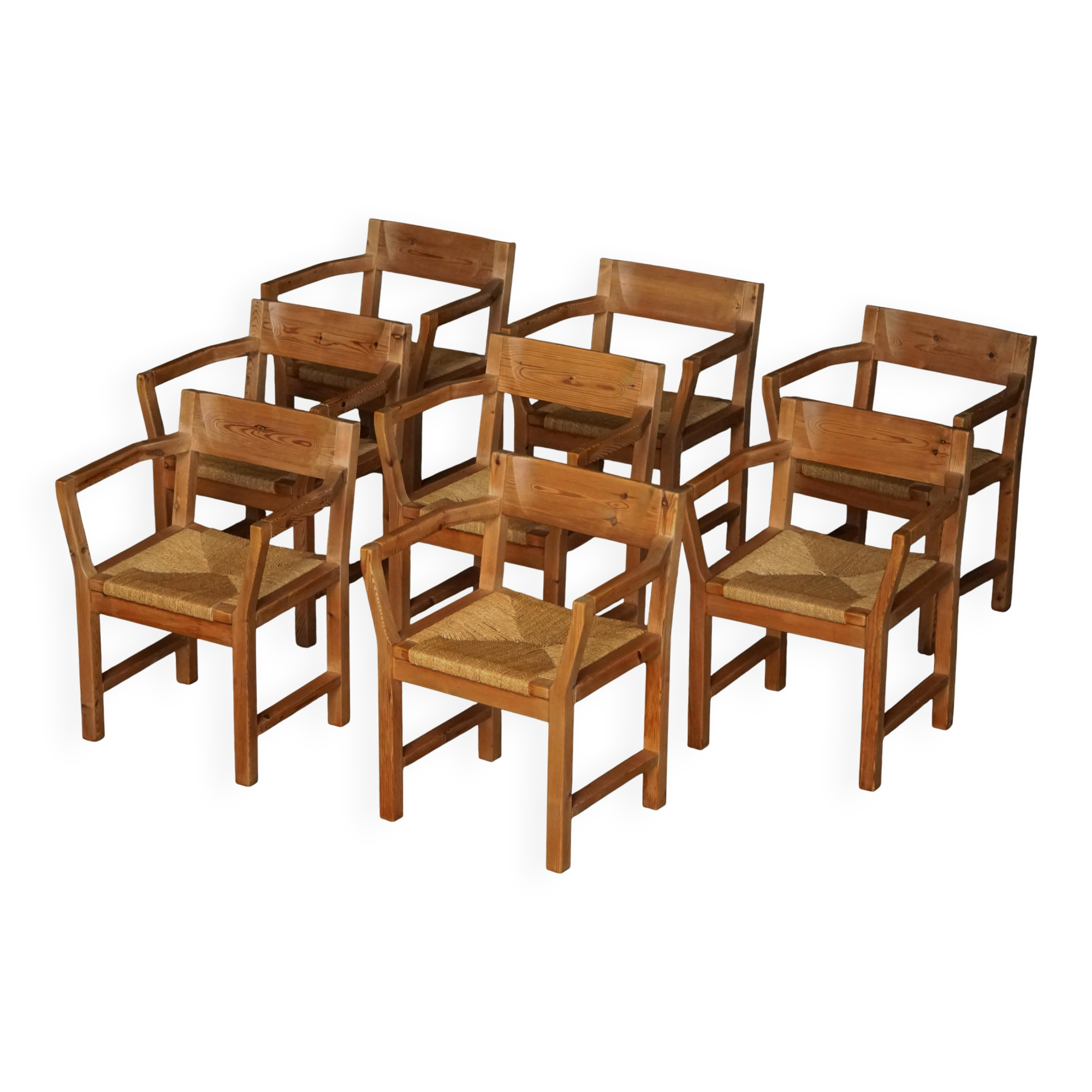 Set of 8 Danish dining chairs in pine and woven paper cord, Tage Poulsen, 1970s.