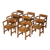 Set of 8 Danish dining chairs in pine and woven paper cord, Tage Poulsen, 1970s.