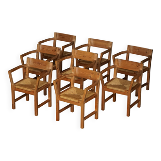 Set of 8 Danish dining chairs in pine and woven paper cord, Tage Poulsen, 1970s.