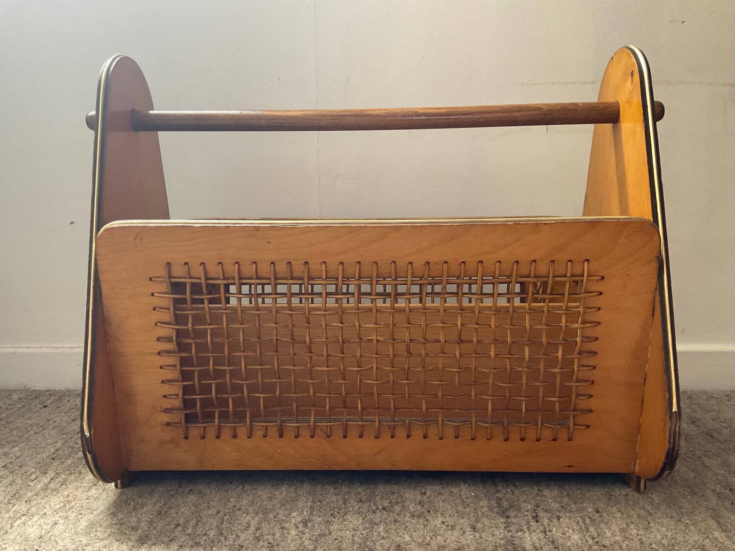 Wooden and rattan magazine rack from the 50s and 60s