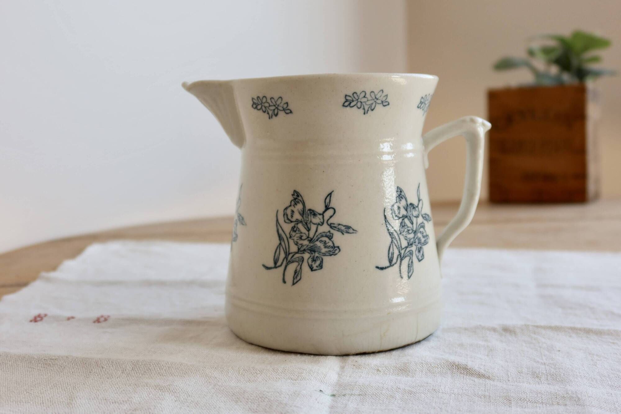 Large antique Saint-Uze pitcher / steel clay terrine Saint-Uze floral pattern