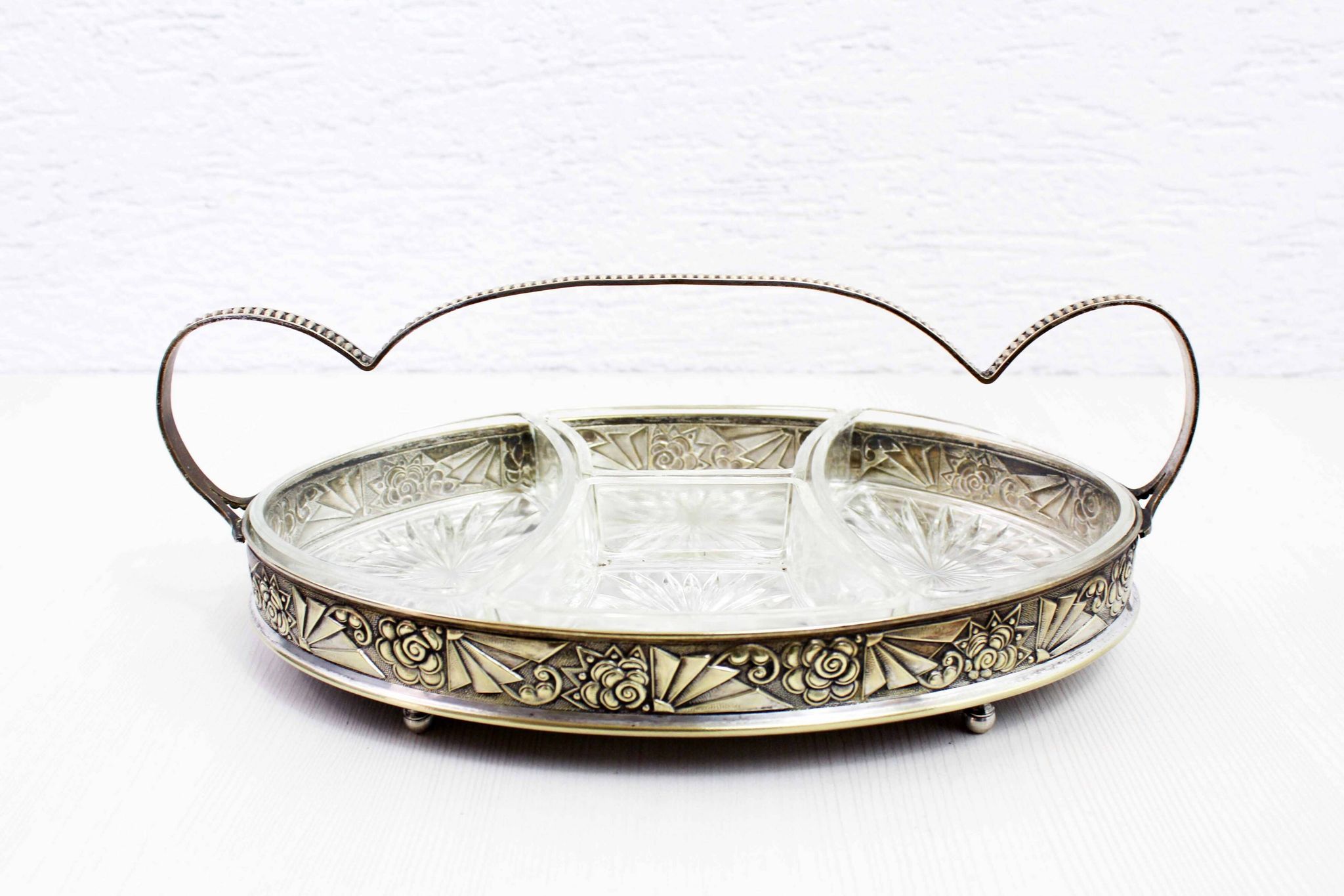 Art Deco silver metal tray with 4 ramekins