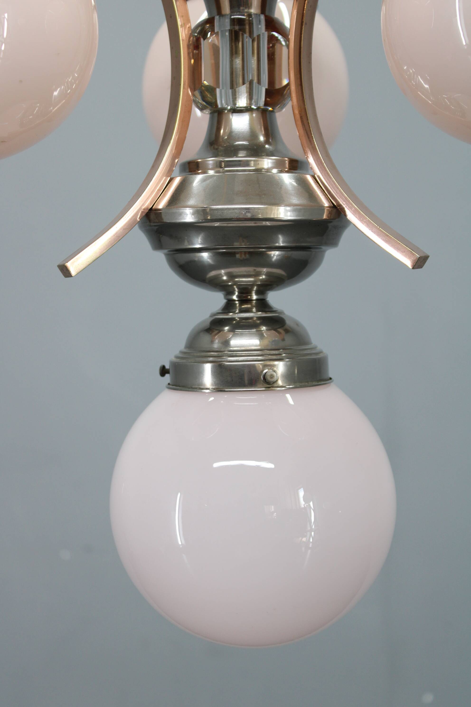 1930s Czechoslovak Art Deco nickel chandelier with rose opaline glass globes