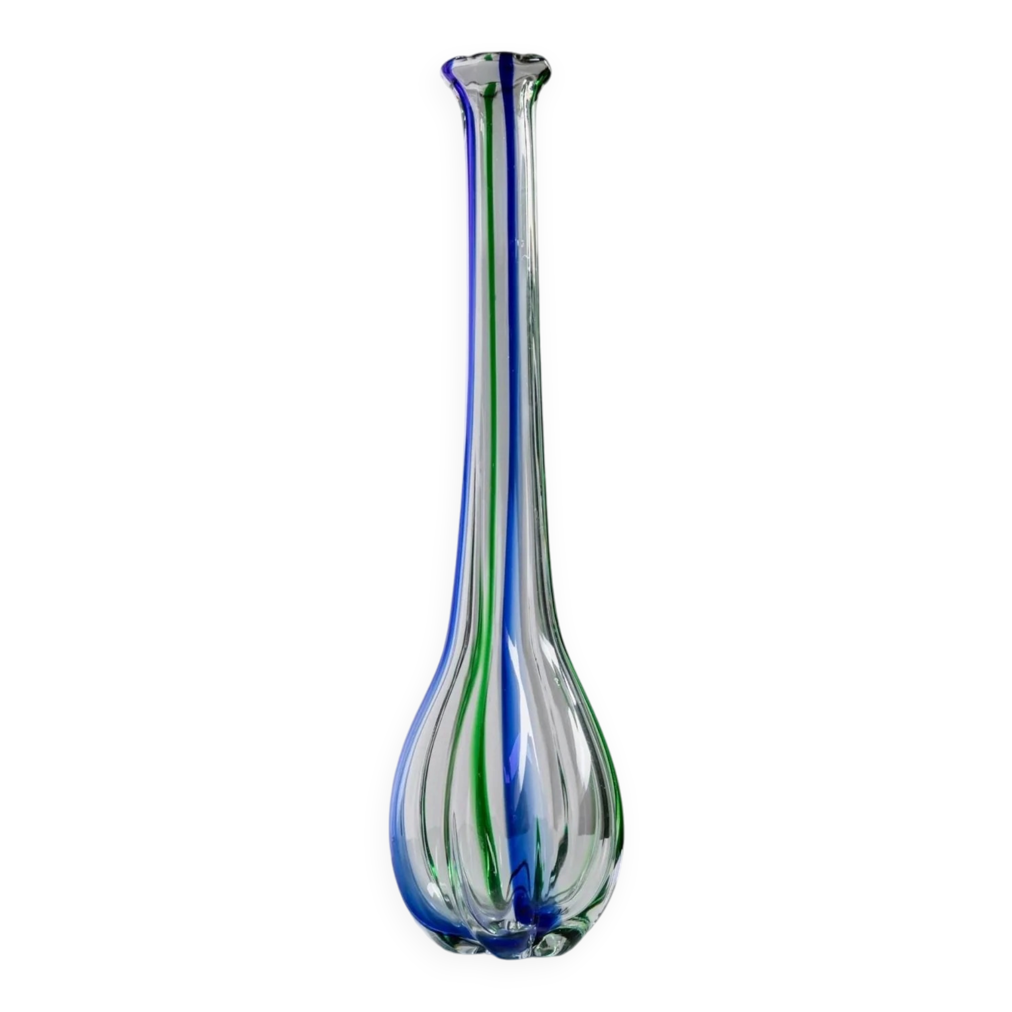 Vase en verre vintage Murano Archimede Seguso XL, transparent avec détails bleus et verts, forme citrouille, Italie années 1970