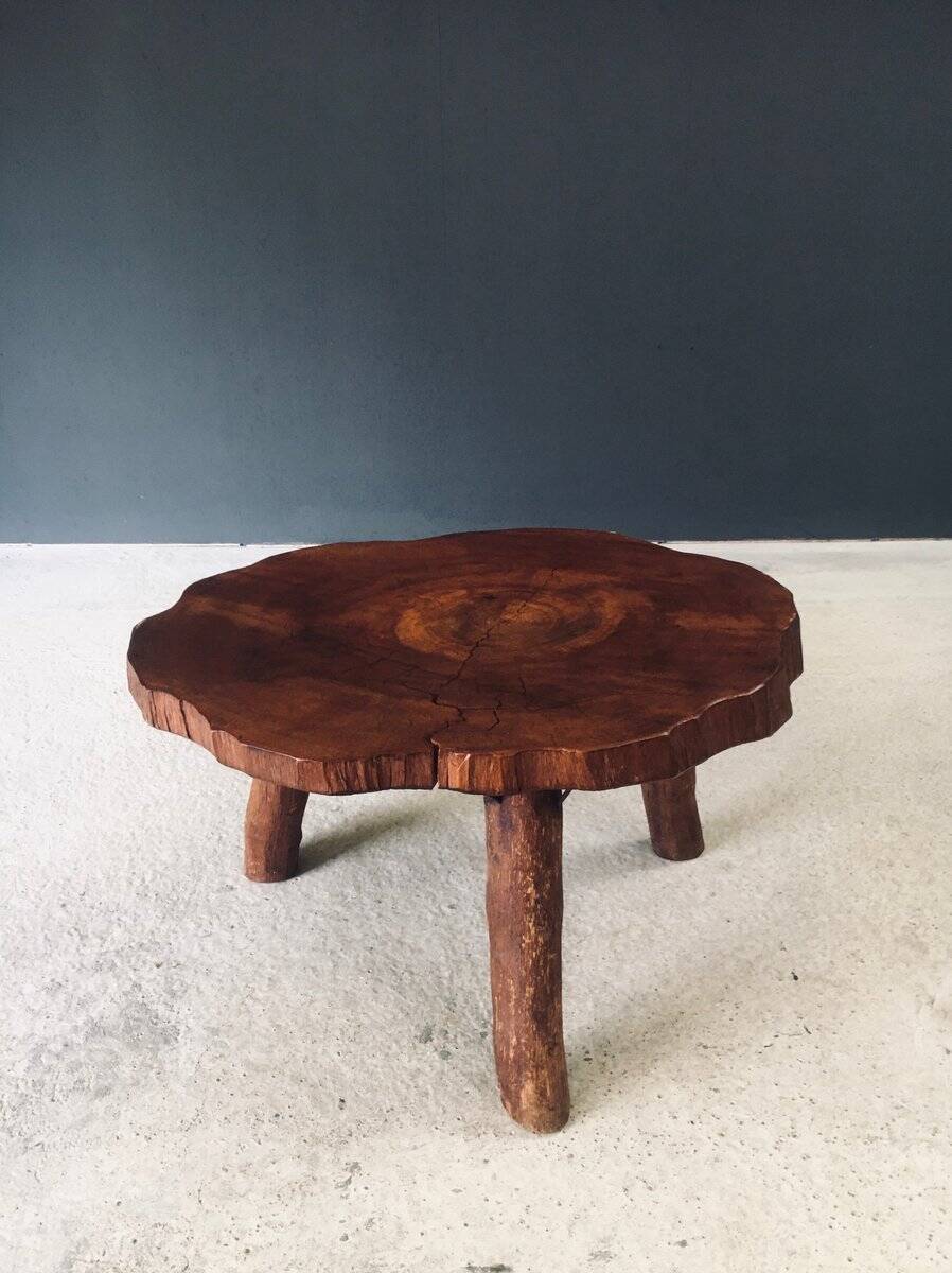Handcrafted Teak Tree Trunk Tripod Coffee Table, 1960s