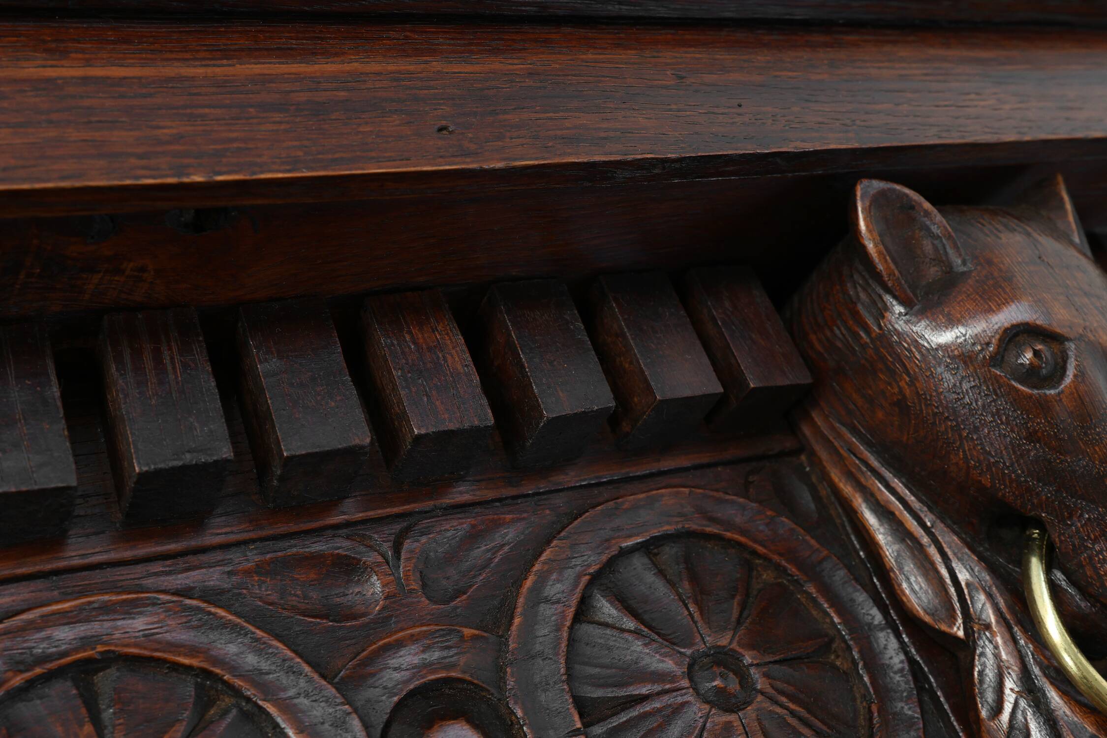 Large 18th Century Gothic solid oak hand carved coat rack, France