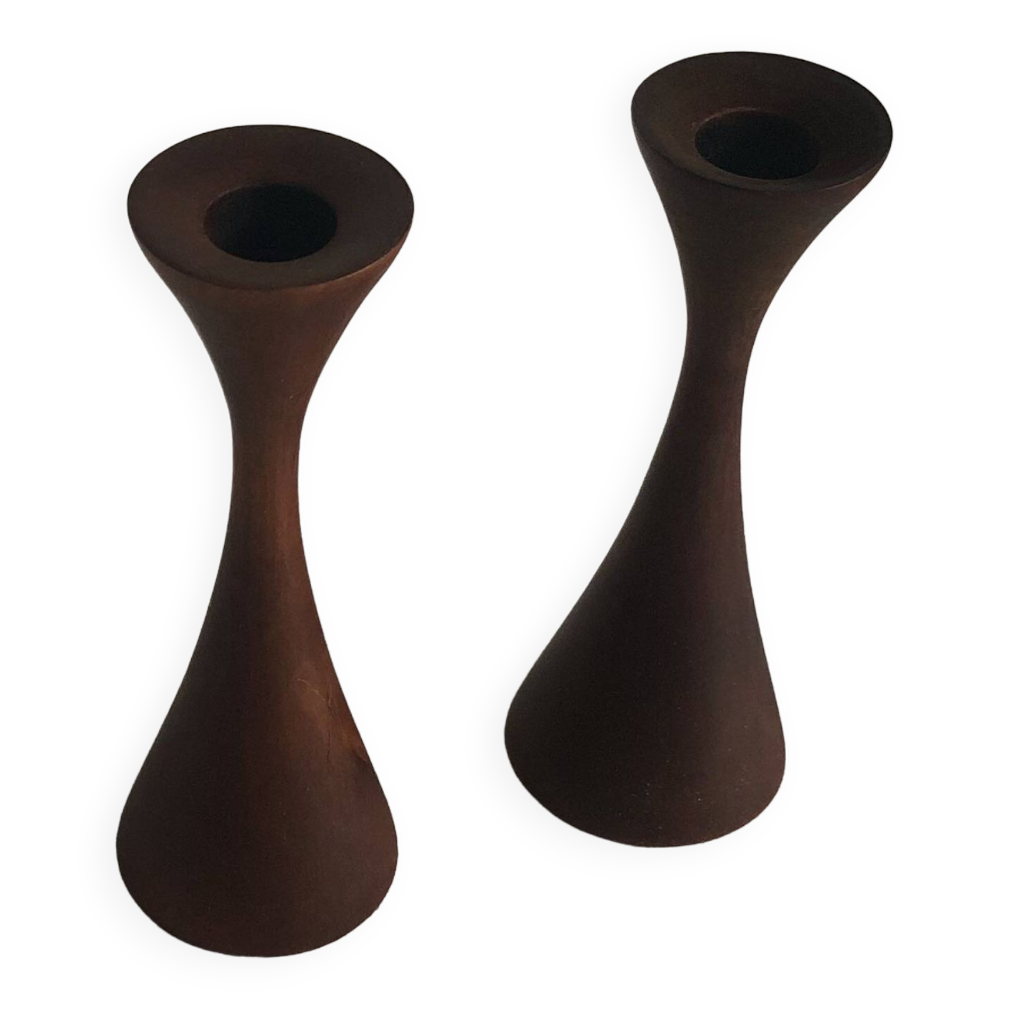 Pair of candlesticks in vintage stained birch wood, Scandinavian design