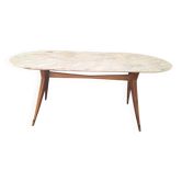 Dining Table with Wooden Base, Brass Finishes and Marble Top, 1950s