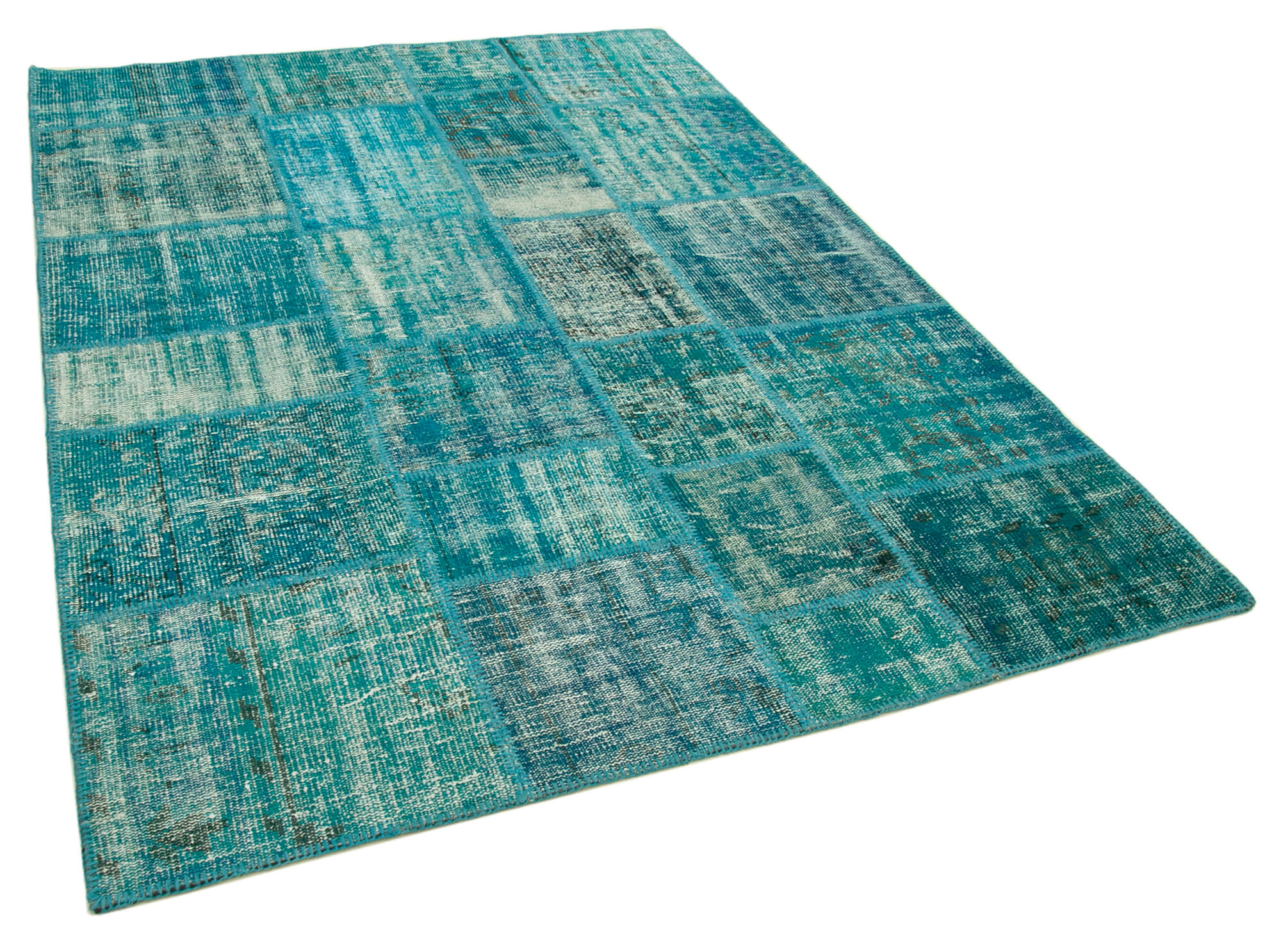Handwoven Anatolian Contemporary 174 cm x 240 cm Turquoise Patchwork Carpet