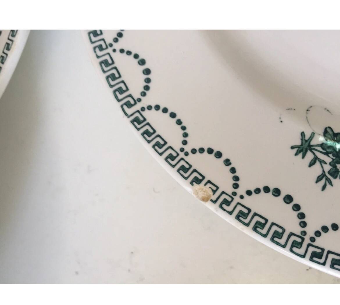 Suite assiettes Terre de Fer décor vert fleurettes St Amand