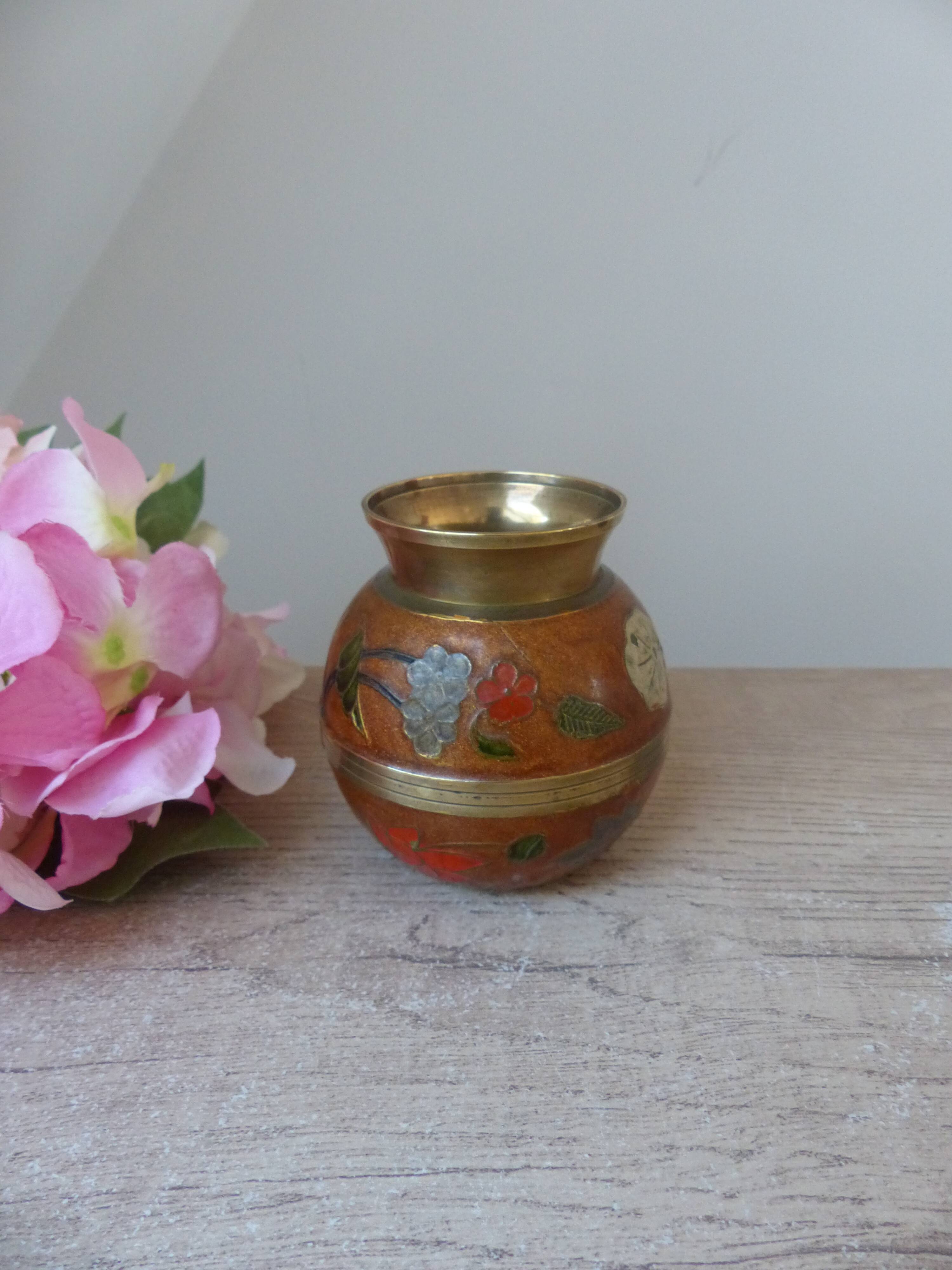 Old small brass and enamel vase with floral decoration, Small artisanal brass pot