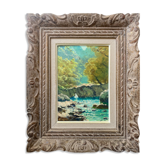 HSC painting signed "Landscape with the treed river" Luministe + Montparnasse frame