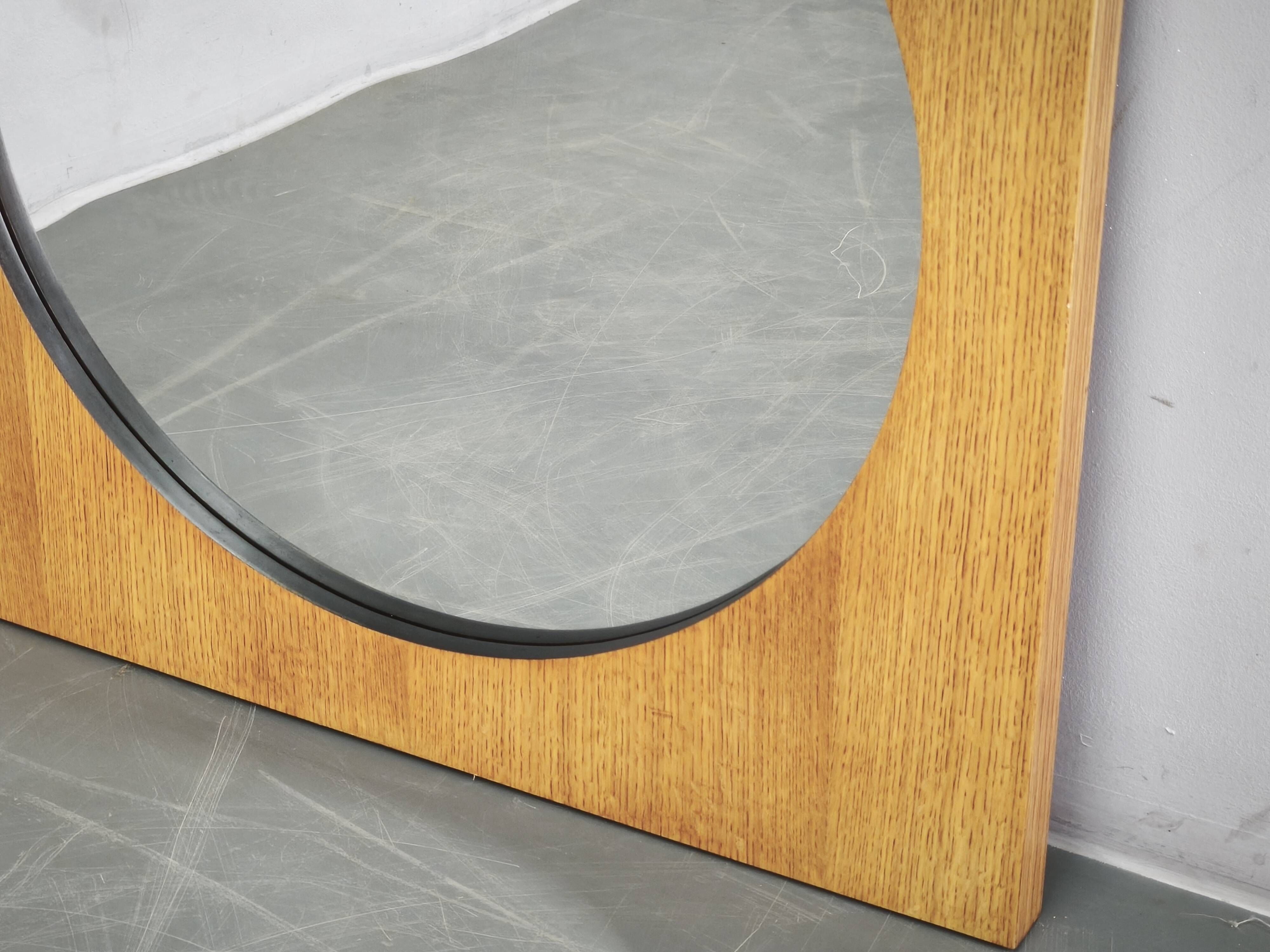 Vintage 1970s Czech Oak Veneer Square Mirror with Circular Glass