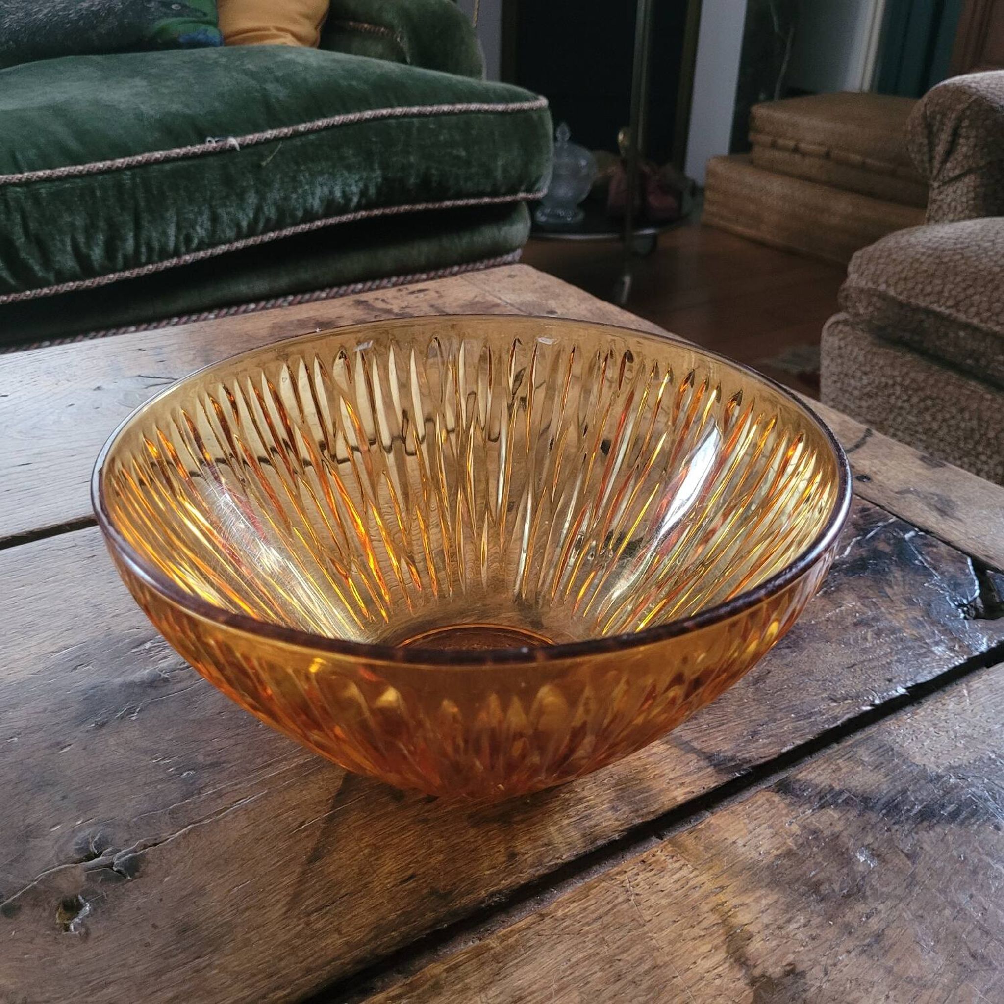 Vintage ribbed amber glass salad bowl – France 1970