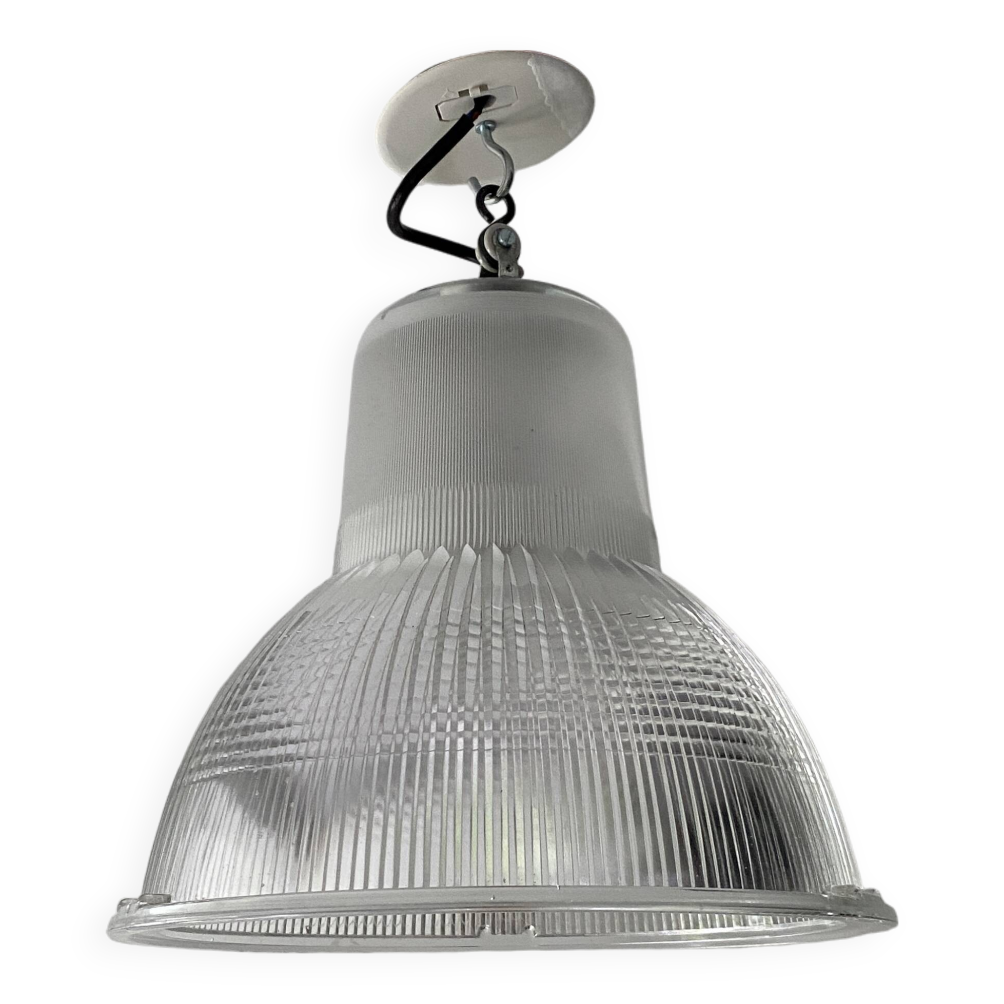 Vintage Holophane Suspension Chandelier from the 50s/60s, industrial style, transparent striated glass