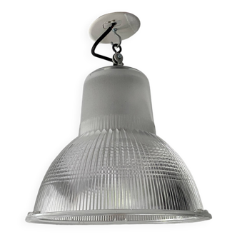 Lustre Suspension Holophane vintage des années 50/60 style industriel, verre strillé transparent